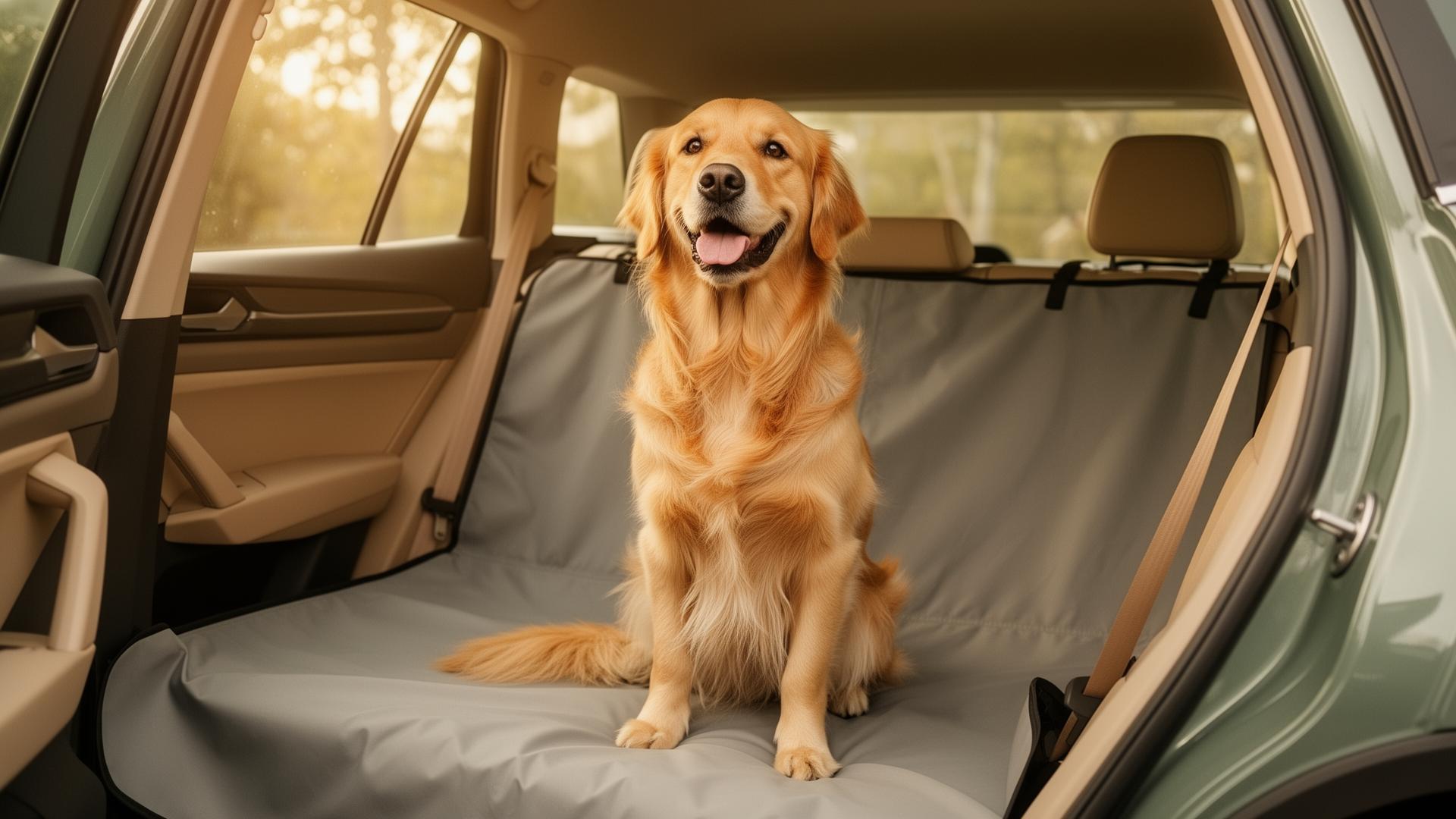 Happy golden retriever sitting in the back seat of a clean car on a waterproof seat cover